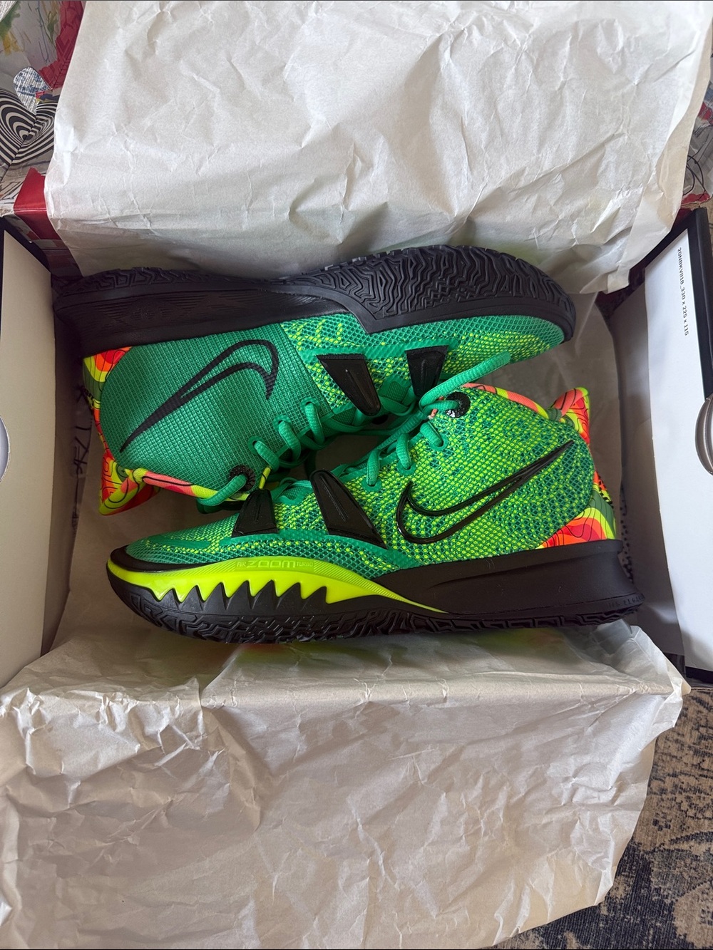 Kyrie 7 Nike Green & Black Knit Athletic Sneakers with Neon Accents